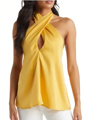 NWT VICI Satin Crossover Halter Neck
Yellow Gold Blouse Size Medium thumbnail 1