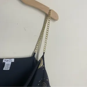 Rue21 Vintage Y2K Celestial Print Cowl Neck Cami Top Chain Straps Black Gold L thumbnail 4
