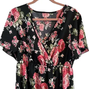 New Floral V-Neck Midi Dress Size 1X (14) Faux Wrap Neckline Flutter Sleeves thumbnail 6
