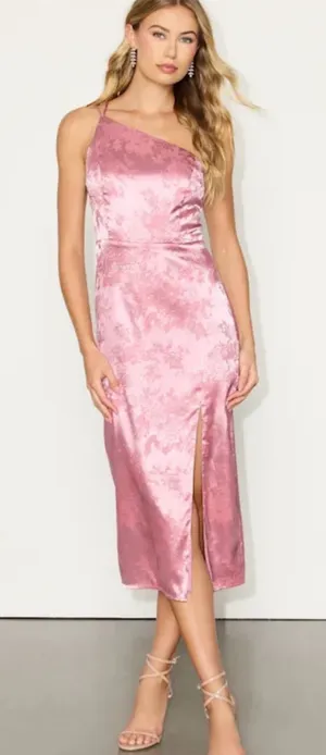 Lulu's One-Shoulder Satin Jacquard Midi Dress in Dusty Rose thumbnail 1