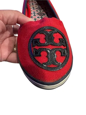 EUC Tory Burch Red Canvas Logo Slip On Sneakers Flats Size 8M thumbnail 5