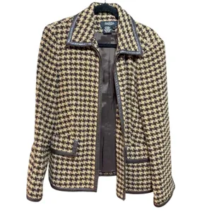Peck & Peck Houndstooth Wool‎ Blend Zip Jacket Brown Tan Faux Leather Trim Sz 12 thumbnail 2