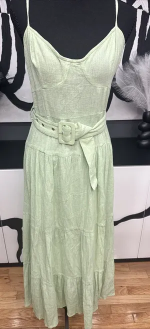 ASOS DESIGN Green Linen Blend Midi Dress Women's US 6 Belted Sundress Boho thumbnail 1