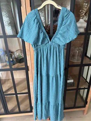 Anthropologie Teal maxi dress textured flutter short sleeve vneck ruffle tiered la la free-est thumbnail 2