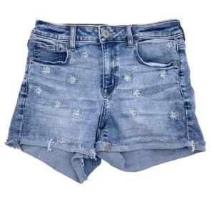 American Eagle Hi-Rise Shortie Size 4 Daisy Embroidered Denim Jean Shorts Cotton thumbnail 1