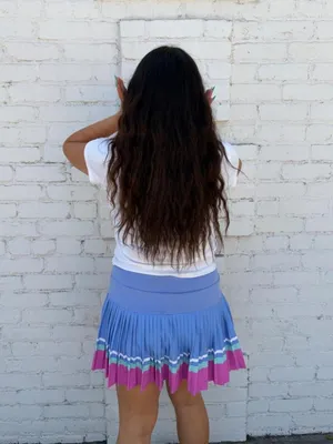 Target Aralina blue & pink striped pleated mini tennis gold skirt sz L #preppy #tennis #oldmoney thumbnail 5