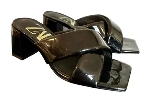 Zara black patent block heel sandals size 6 thumbnail 1