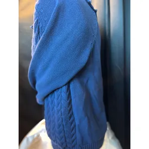 Lands End Drifter Womens XL Blue Cable Knit Cotton Sweater Raw Neck Distressed thumbnail 7