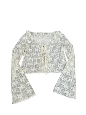 Cream Sheer Lace Tie Front Top Flare Sleeve Cottagecore Renfaire Fairycore thumbnail 5