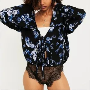NWT Free People Intimately Floral Bodysuit Black‎ Blue Tie Front Lace S OB700661 thumbnail 3
