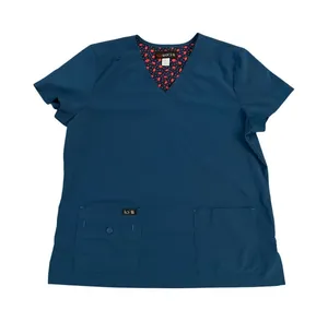 Koi Basics Becca V-Neck Scrub Top Teal Floral Trim Large thumbnail 1