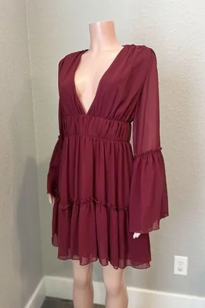 MISS ORD CUTE Ruffle Pintuck Dres Sz L WINE Maroon Romantic Cottagecore NWT #125 thumbnail 3