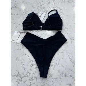 NWT Quince Black Italian V Neck Bikini Top & V Cut High Leg Bottom Set Small thumbnail 2