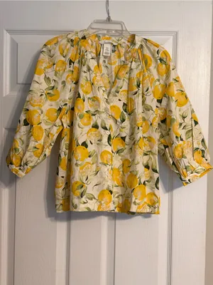 NWOT H&M White Lemon 3/4 Raglan Balloon Sleeved Poplin Cotton Citrus Blouse XS thumbnail 3