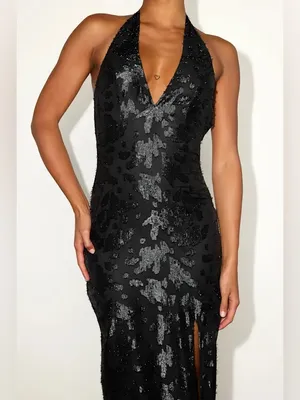 Lulu's Black Burnout Lurex Backless Halter Midi Dress thumbnail 3