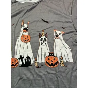 Gray Halloween Ghost Dogs Graphic T-Shirt Short Sleeve Womens Medium Gray Casual thumbnail 2