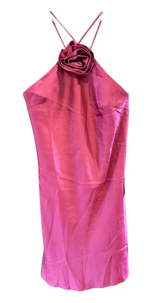 Lulu's Magenta Satin Rosette Halter Dress with Rosette thumbnail 1