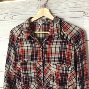 Free People Plaid Lace Gauzy Flannel Snap Button S‎ thumbnail 5