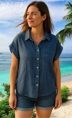 NEW Sim & Sam Blue Gauze Buttondown Top Capsule‎ Comfort Coastal Travel Chic S thumbnail 1