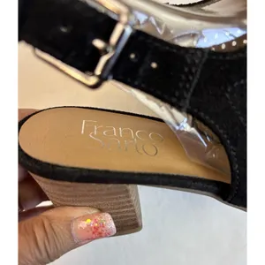 Franco Sarto Mandi Blk Suede Block Heel Shoes Peep Toe Buckle Sz 6.5 Sling Back thumbnail 5