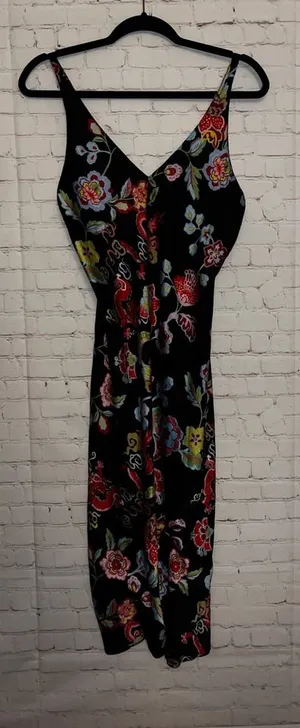 Natori Black Floral Print Slip Dress V Neck Spaghetti Straps Midi‎ Night Gown XS thumbnail 1