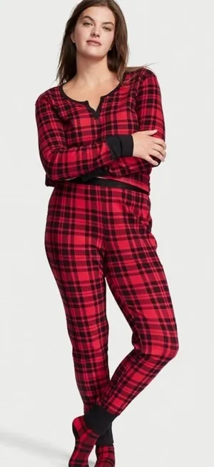 VICTORIA'S SECRET Thermal Long Pajama Set Red Black Plaid small thumbnail 1