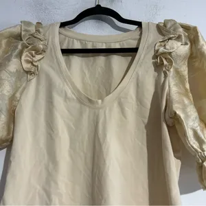 Anthropologie Short Sleeve Brocade Embossed Ruffle Tee Large Office Work Boho thumbnail 5