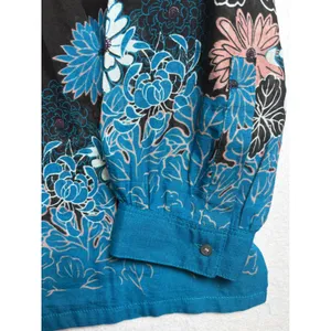 Loft Floral Border Print Split Neck Blouse Black Blue Boho Top Medium thumbnail 5