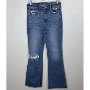 American Eagle Stretch Super Hi-Rise Flare Medium Wash Distressed Casual Size 8 thumbnail 3