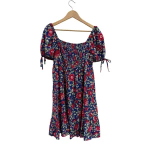 Pepper Floral Puff Sleeve Mini Dress Blue Red Smocked Back Coquette Size L thumbnail 2