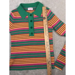 pink lily‎ striped collared ribbed long sleeve bright green pink M thumbnail 5