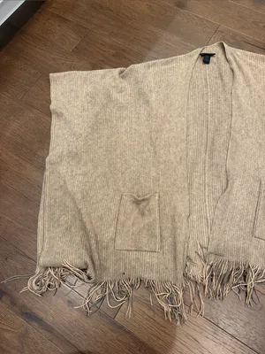 Steve Madden Open Front Ribbed Knit Poncho Beige One Size - C19-108 thumbnail 3