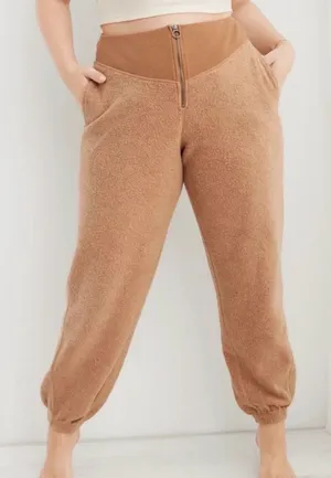 Aerie Tan Sherpa Fleece Joggers with Front Zip Detail Size Large thumbnail 1