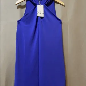 NWT Zara Royal Blue Halter Twist Neck Dress Size Large thumbnail 4