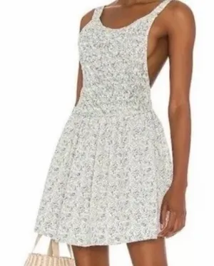 Free People Floral Smocked Open Back Mini Dress Blue Cream Small - C11-498 thumbnail 1