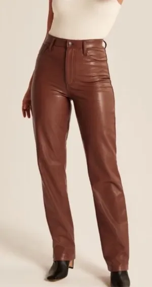 $99 Abercrombie & Fitch Brown Vegan Leather 90’s Straight Ultra High Rise Pants thumbnail 1
