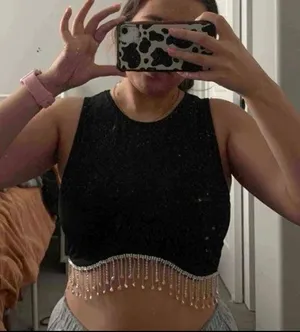 Black Rhinestone Fringe Hem Tank Top Size L thumbnail 4