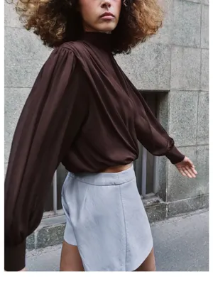 Zara NWT draped High-Neck Long-Sleeve mesh Blouse top Brown thumbnail 6