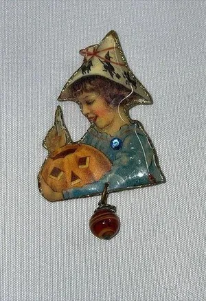 Rare Vintage Halloween Girl with‎ Pumpkin Pin Brooch thumbnail 1