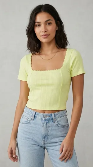 NWT O'Neill 100% Cotton Lemon Yellow Crop Top Sz S Scalloped Hem Square Neck thumbnail 1