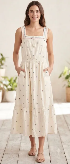 Old Navy Floral Embroidered Midi Dress Ivory Cottagecore Boho Tiered Sundress thumbnail 1