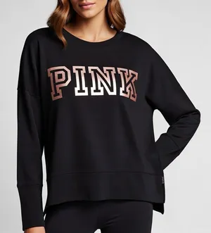 Victoria’s Secret PINK Black Crewneck Sweatshirt Rose Gold Foil Logo Long Sleeve thumbnail 1