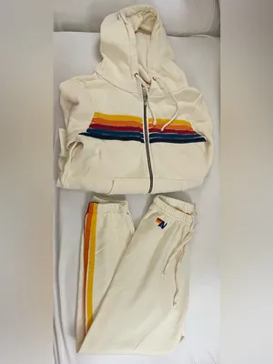 Aviator Nation 5 Stripe Vintage Cream Rainbow-Stripe Zip Hoodie & Jogger Set XS thumbnail 2