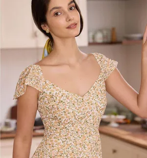 RIHOAS The Yellow V Neck Floral Slit Midi Dress thumbnail 5