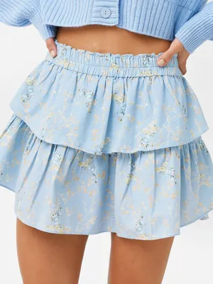LoveShackFancy Dim Star Floral Tiered Mini Skirt Blue Size Small thumbnail 1