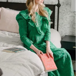 ZARA Broderie‎ Anglaise Cutwork Embroidered Eyelet Ruffle Midi Dress Green Sz XS thumbnail 7