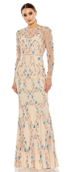 MAC DUGGAL 93772 Cream Floral Embellished Long Sleeve Gown Dress Size 4 thumbnail 1