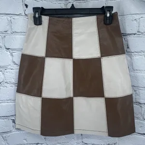 FRNCH Paris Faux Leather Skirt S Brown Cream Patchwork Retro Boho Hippie thumbnail 1