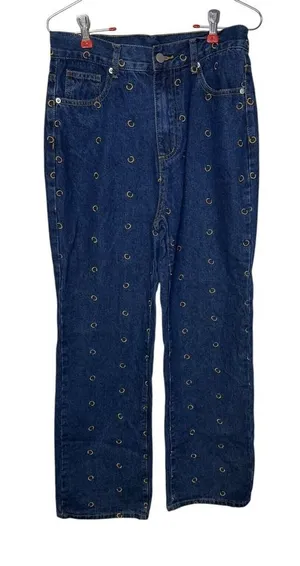 Cider Women's Jeans All Over Scatter Logo "C"‎ Wide Leg Flare Denim Blue Medium thumbnail 1
