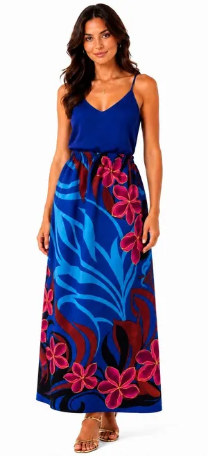 Handmade Tropical Sparkly Floral Print Elastic Waist Maxi Skirt thumbnail 1